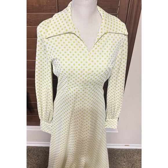 Vintage Maxi Dress 70s Yellow Polka Dot Homemade Prom Dagger Collar Mod Sz S - Picture 2 of 11